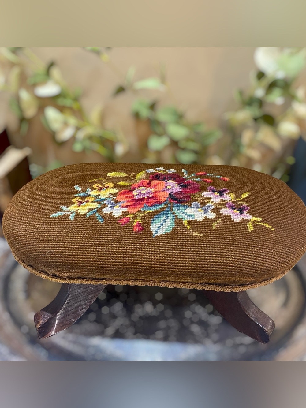 Antique Needlepoint Wood Stool Footstool Ottoman Brown Multicolored Floral